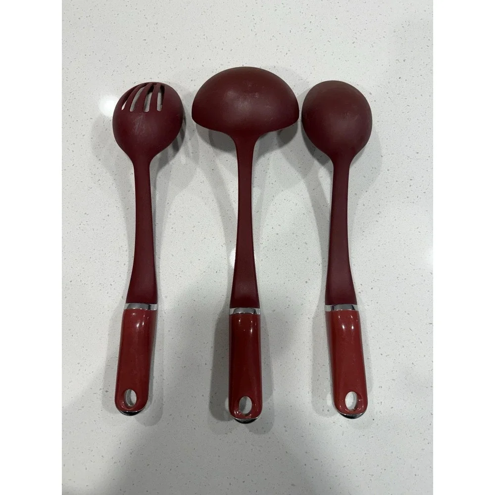 Kitchenaid Lot Of 3 Serving‎ Utensils Maroon Slotted Spoon, Spoon & Ladle